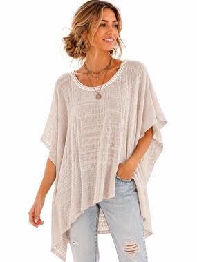 Free People New Romantics Beaded Textured Gauzy Oversized Boho Tunic Top Medium